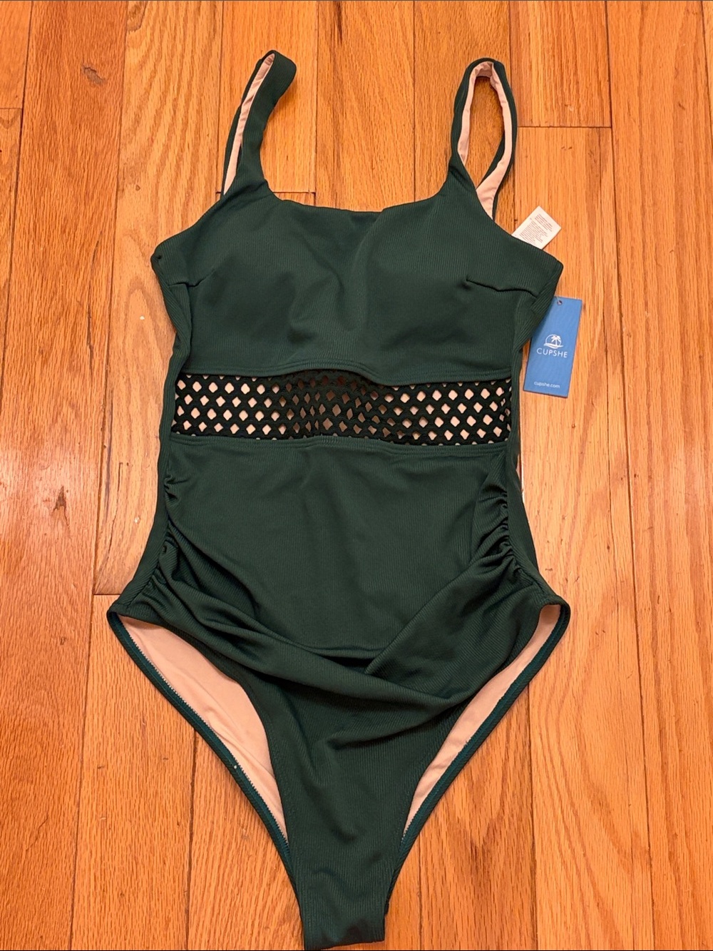 Cupshe Forest Green One-Piece Swimsuit with Mesh Waist Size Medium